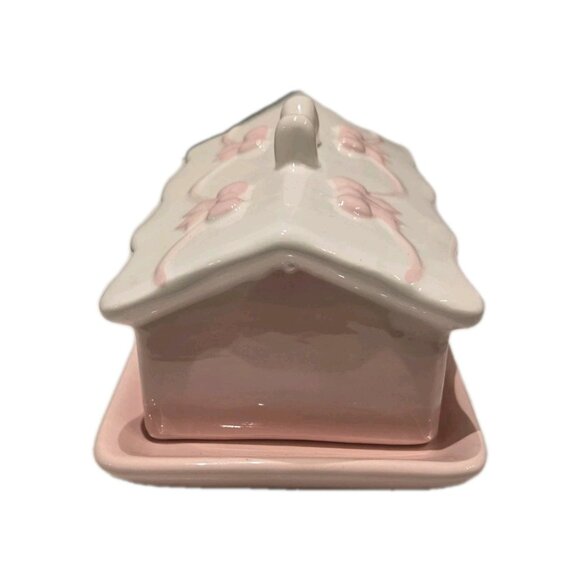 New Pink / White Ceramic Christmas Village Cottage House Bow Holiday Butter Dish - Picture 3 of 4